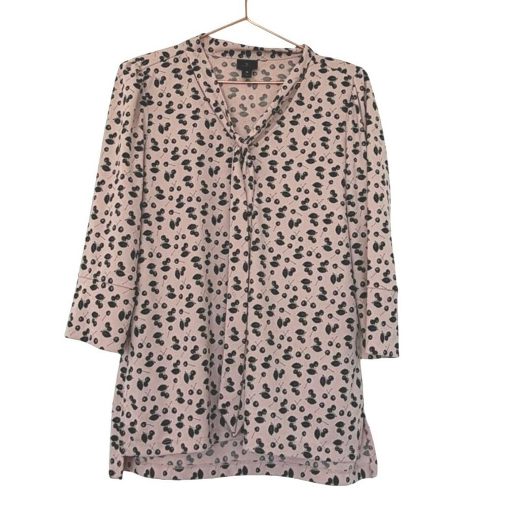 Worthington Pink Tunic Top with Black cherry Print with tie neck medium